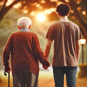 סצנה מחממת לב המתארת ​​תמיכה בקשישים_ צעיר צועד לצד קשיש עם מקל הליכה. הם נראים מאחור