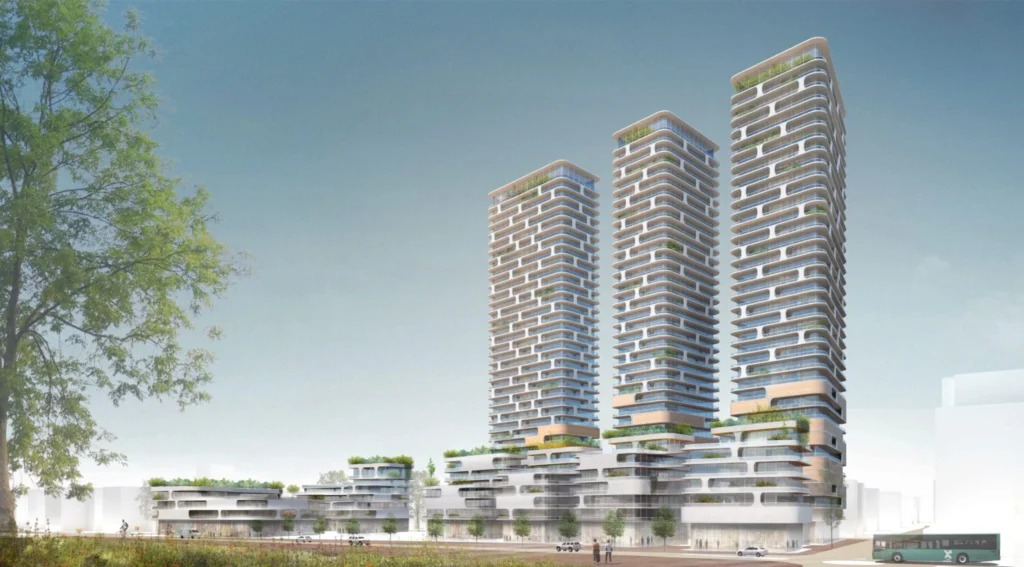 הדמיה של פרויקט התחדשות עירונית במתחם אנסקי פתח תקווה, מציגה שלושה מגדלי מגורים מודרניים גבוהים עם שילוב צמחייה.