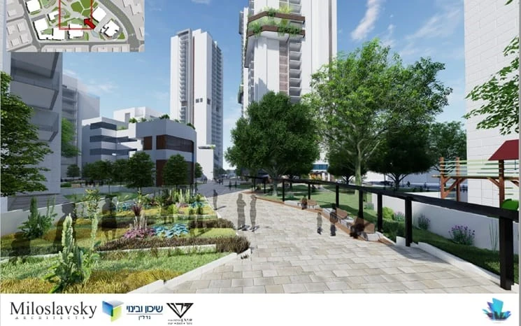 הדמיה של פרויקט התחדשות עירונית במתחם ארגוב פתח תקווה, עם שביל הליכה, גינה ציבורית ירוקה ומבני מגורים חדשים ברקע.