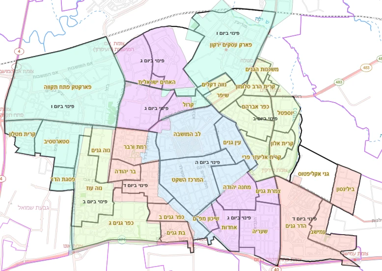 מפת אזורי פינוי גזם וגרוטאות בפתח תקווה לפי ימי השבוע.