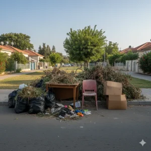 גזם ופסולת קשיחה בפתח תקווה, כולל ענפים, שקיות קשורות, כיסא שבור וקרטונים, המונחים על שפת המדרכה.