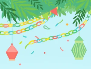 אילוסטרציה צבעונית באווירת חג סוכות עם משפחות חוגגות וקישוטים חגיגיים