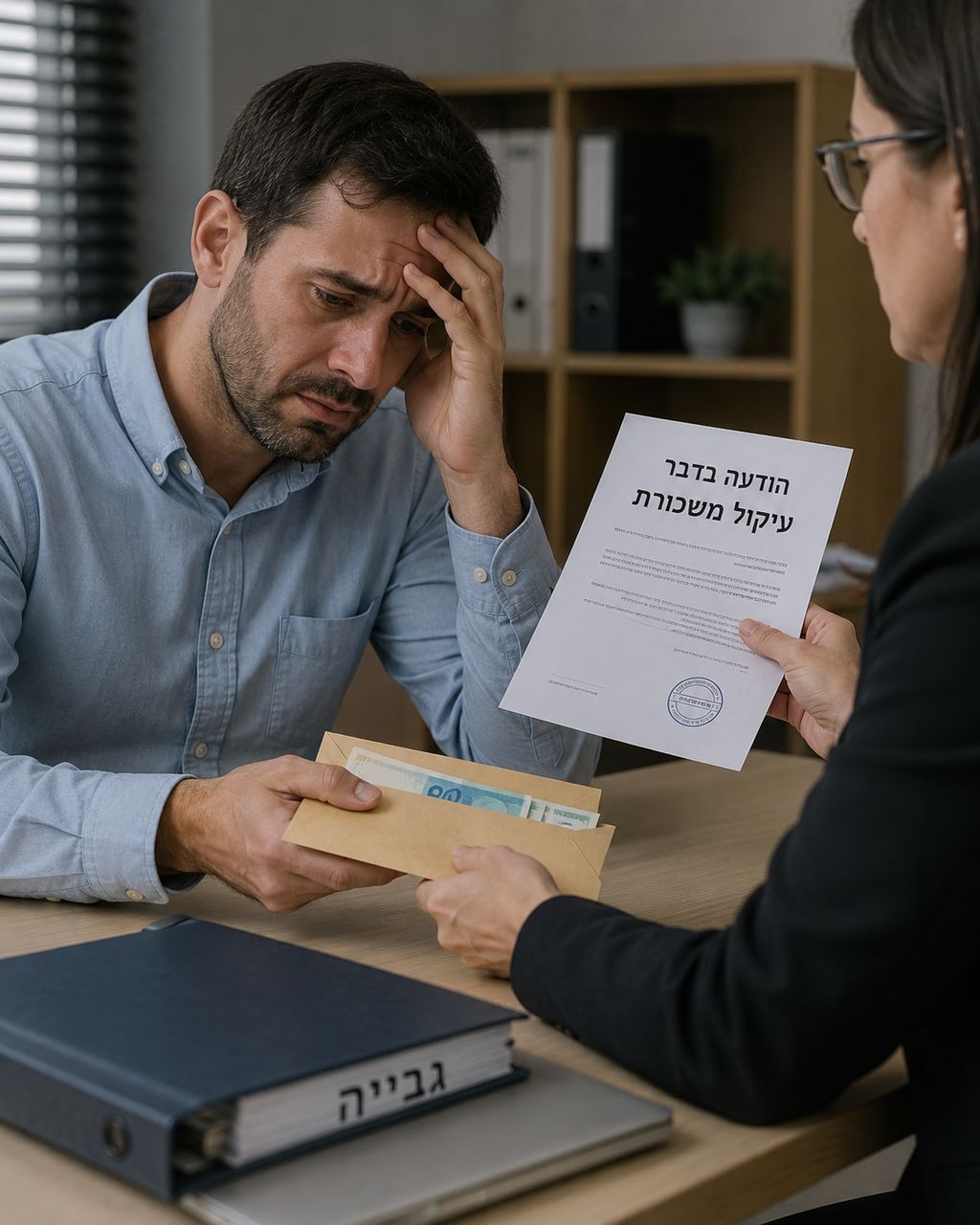 עובד מודאג מקבל הודעה על עיקול משכורת ונאלץ למסור מעטפת כסף לנציגת גבייה.